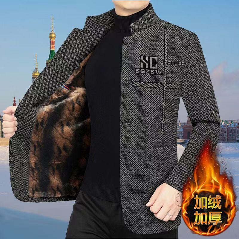 加绒加厚新款毛呢休闲夹克男士立领外套中年高档爸爸秋冬爸爸装SG