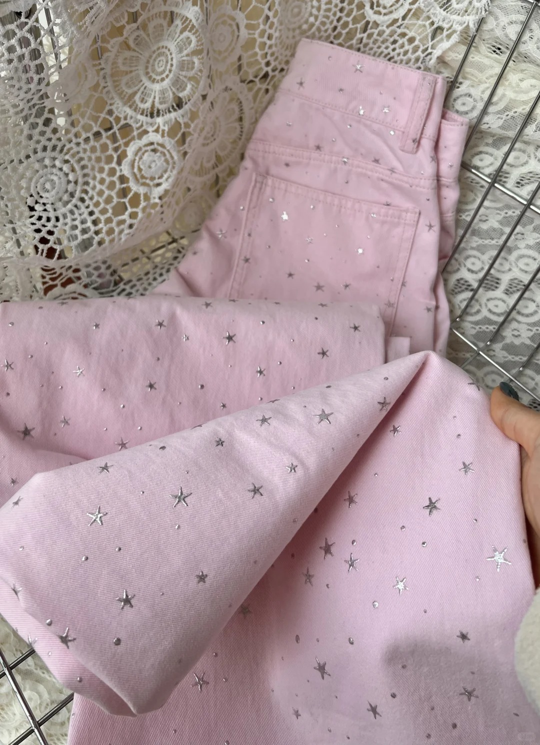 大码美式少女粉星星钻牛仔阔腿裤女2025春季新款宽松显瘦拖地裤