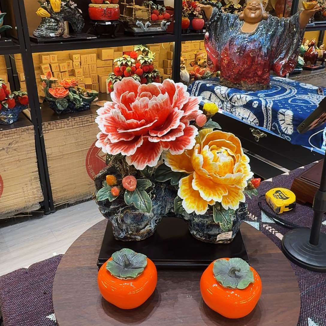茹***陶瓷牡丹花精品30长送柿子一对
