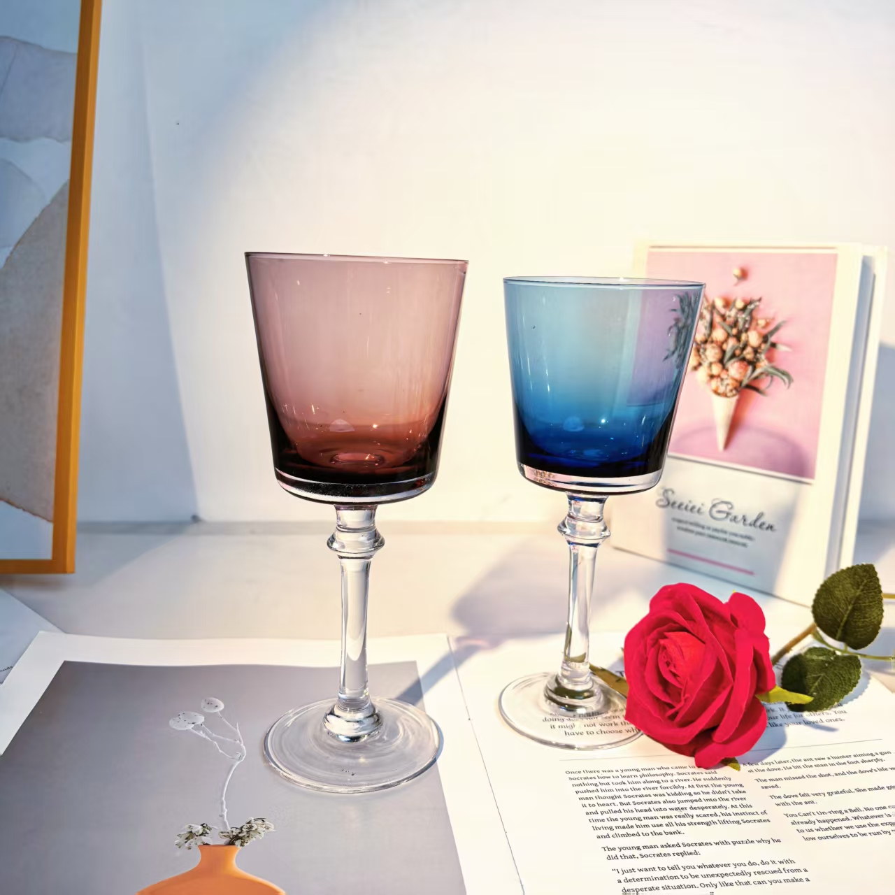 惊喜家2只欧式水晶玻璃复古好看蓝色红酒杯香槟杯轻奢高级仪式感