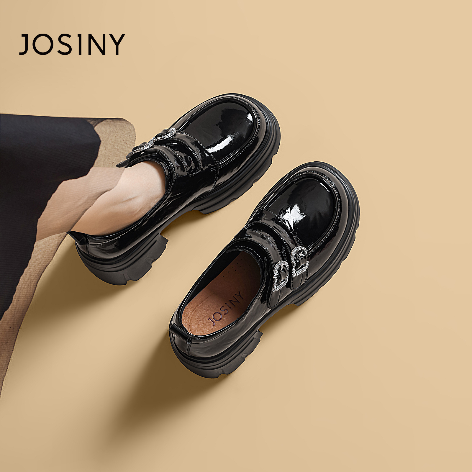 JOSINY/卓诗尼复古港风扣带纯色圆头黑色blokette乐福鞋542A22083