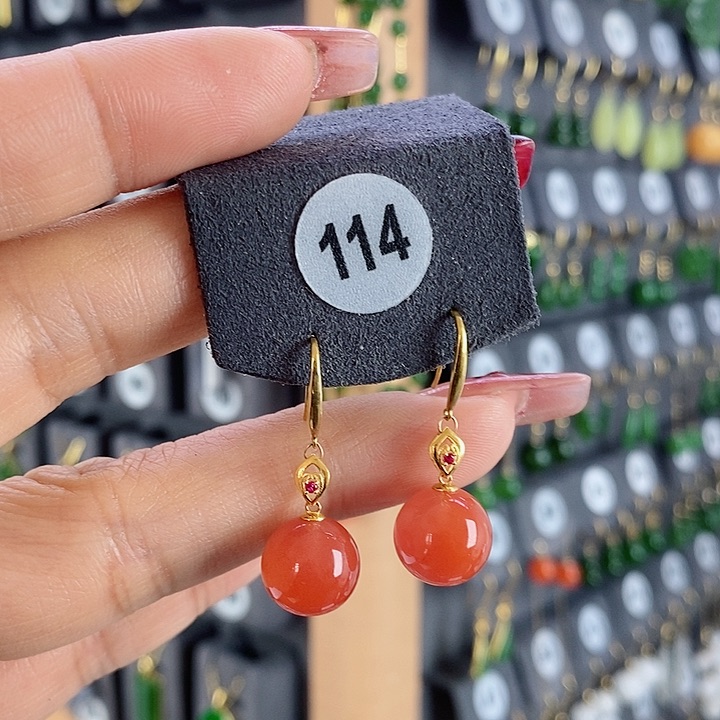 南红玛瑙耳饰18K金镶嵌