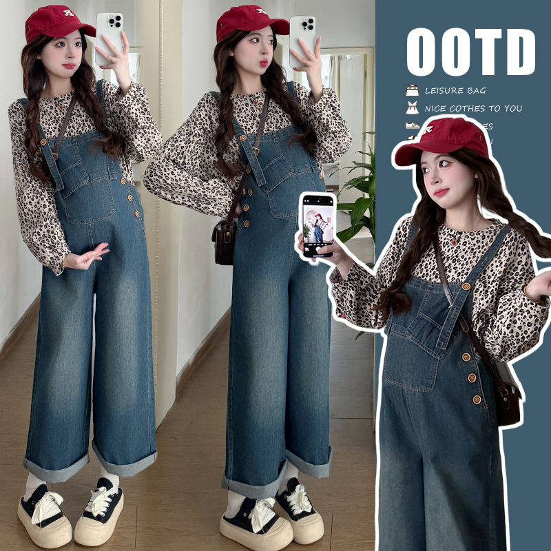 【KIKI严选】2025孕妇装春季套装韩版休闲牛仔背带裤豹纹孕妇上衣