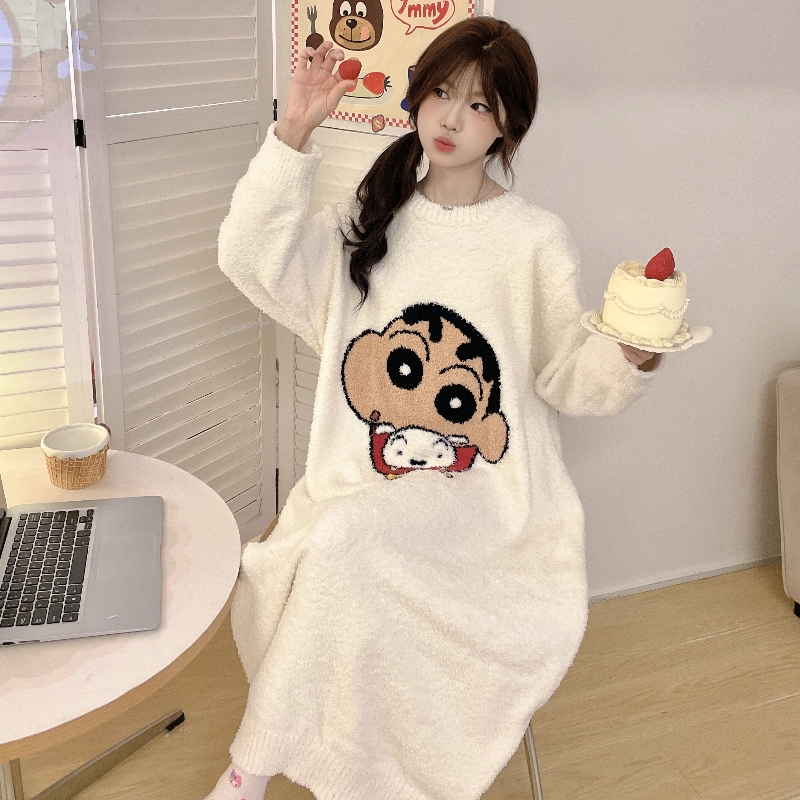 【蜡笔小新带字母】半边绒睡袍睡裙女秋冬季保暖加厚睡衣家居服睡裙