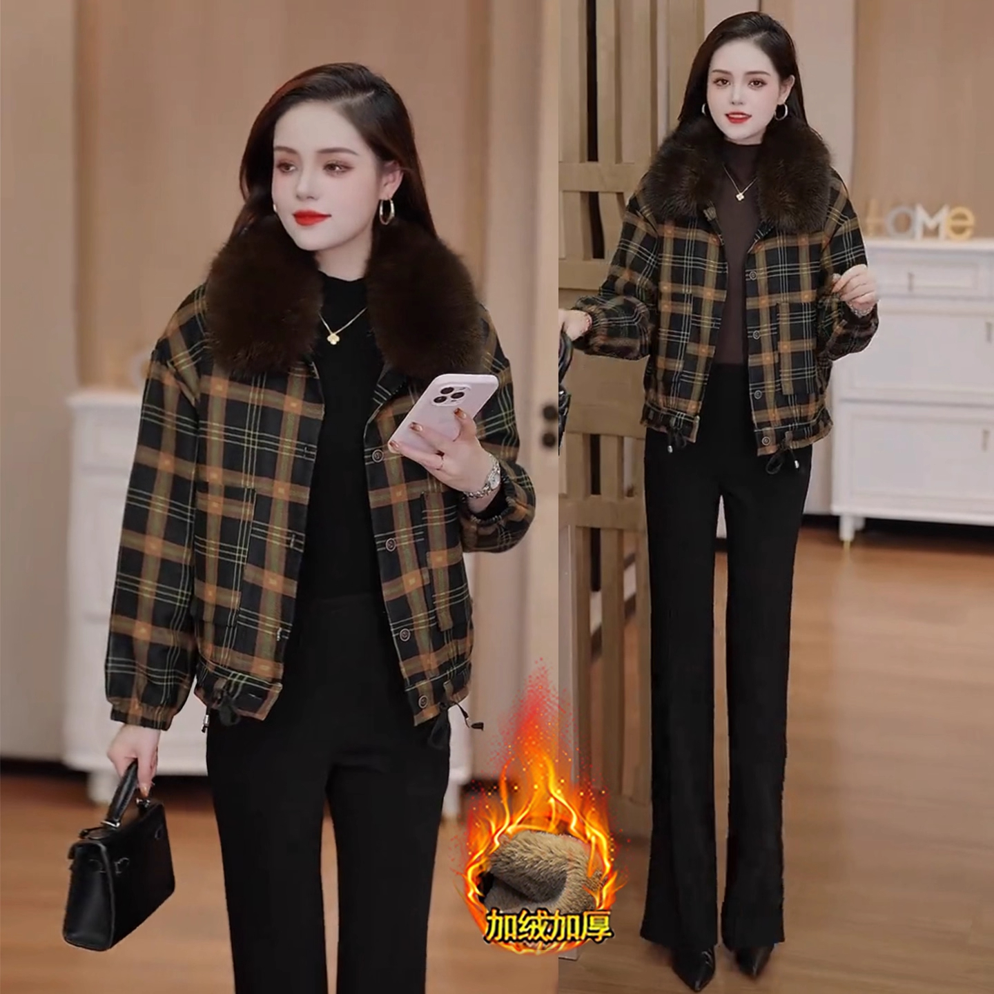 毛领加绒加厚格子短外套女2025年冬季新款时尚洋气保暖夹克上衣潮
