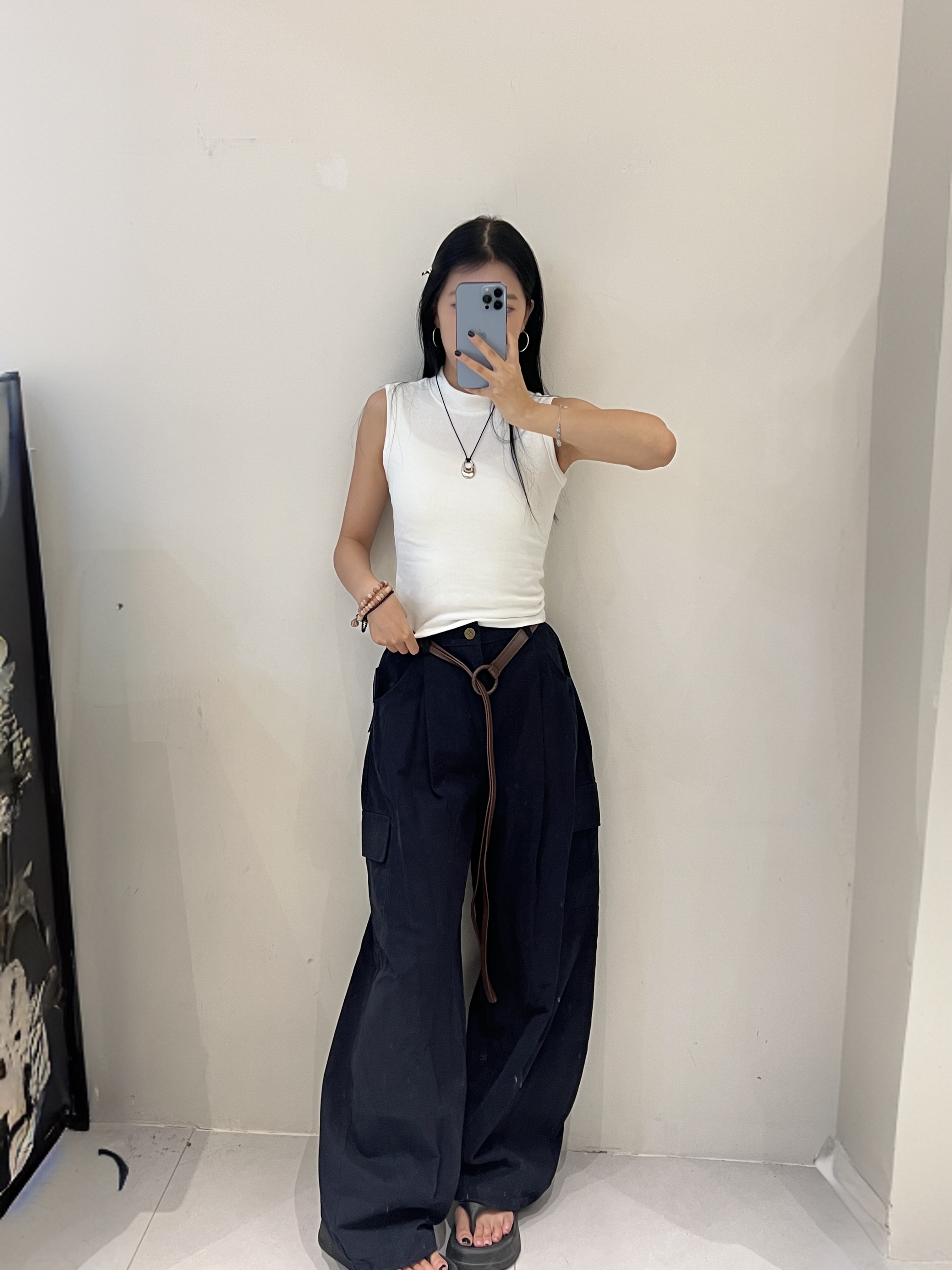 衣＋1菲 66668 大口袋高腰女新款时尚宽松阔腿工装长裤66668