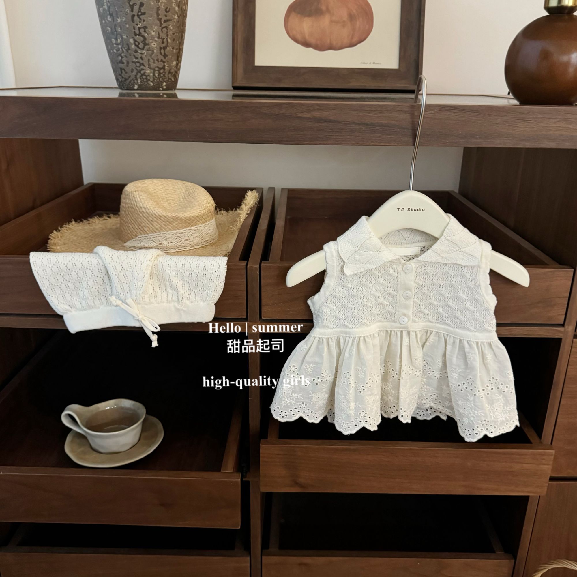 【甜品起司】白月光！韩系女宝宝甜美娃娃领镂空背心短裤洋气套装