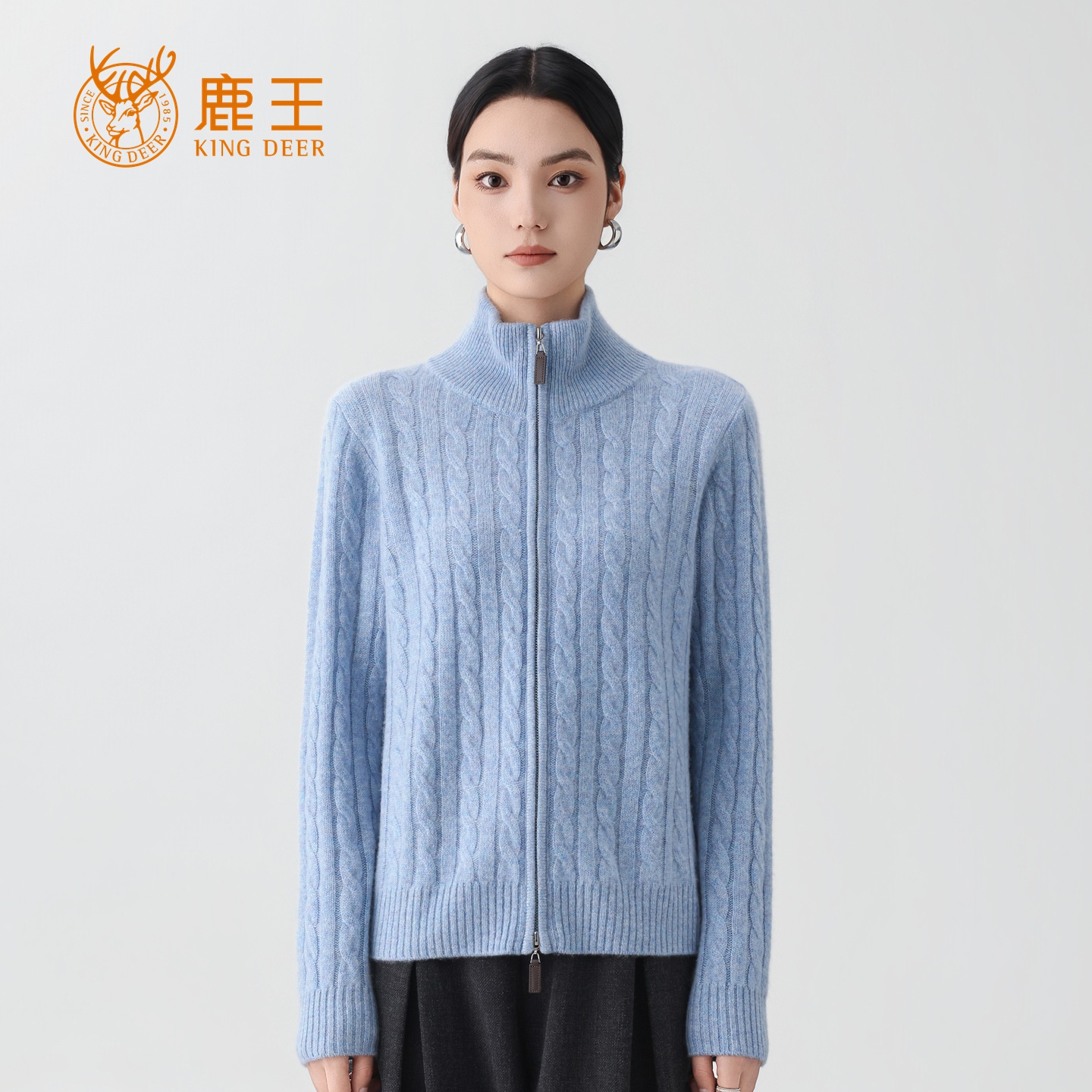 鹿王25秋冬新款女半高领100山羊绒休闲绞花拉链开衫 厚 RS851