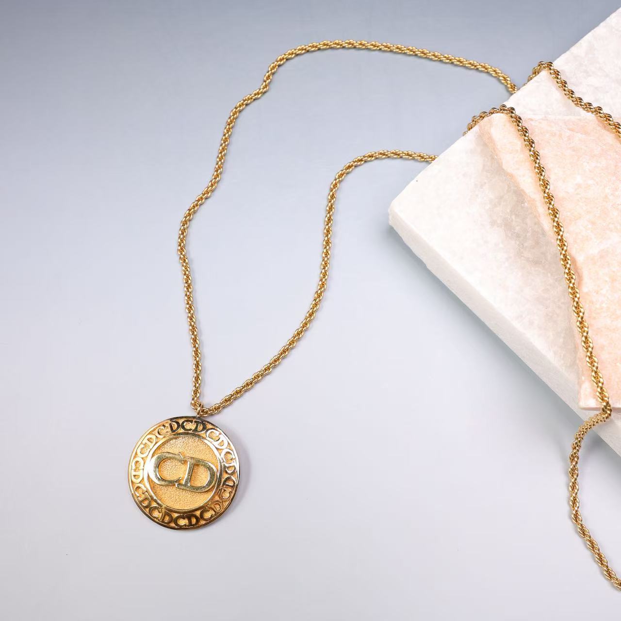 95新 DIOR/迪奥 柚礼中古/迪奥CD圆盘素金项链lf512014