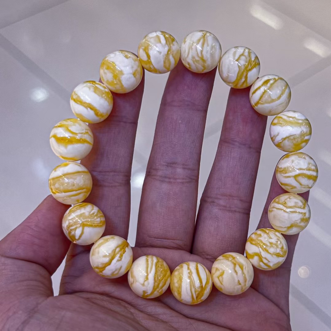 同料12.9mm 金瓷白虎皮纹手串 ，精工全品黄白相间纹路清晰 20.57g
