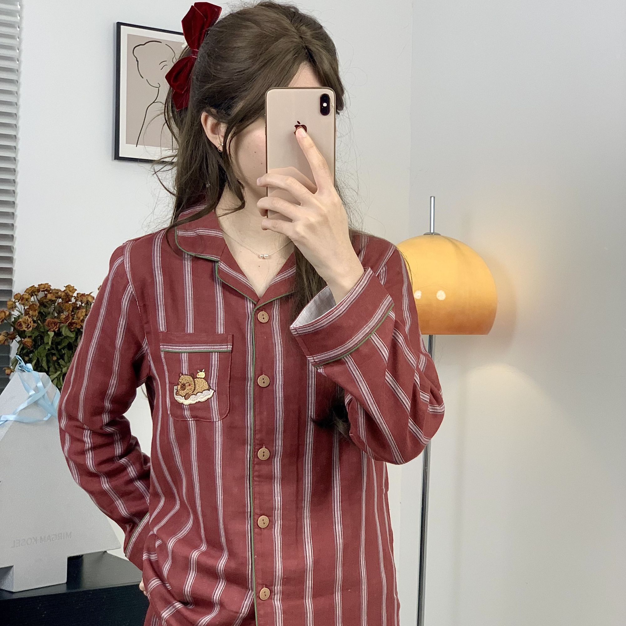 睡衣男女情侣家居服双层纱全棉两件套装圣诞款条纹复古绿色四季款