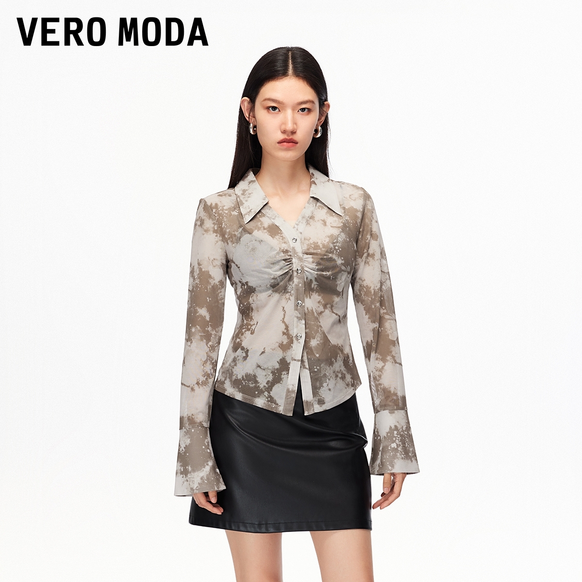 Vero Moda衬衫【蝶翼薄纱】压褶印花喇叭袖百搭流光风老钱风女装