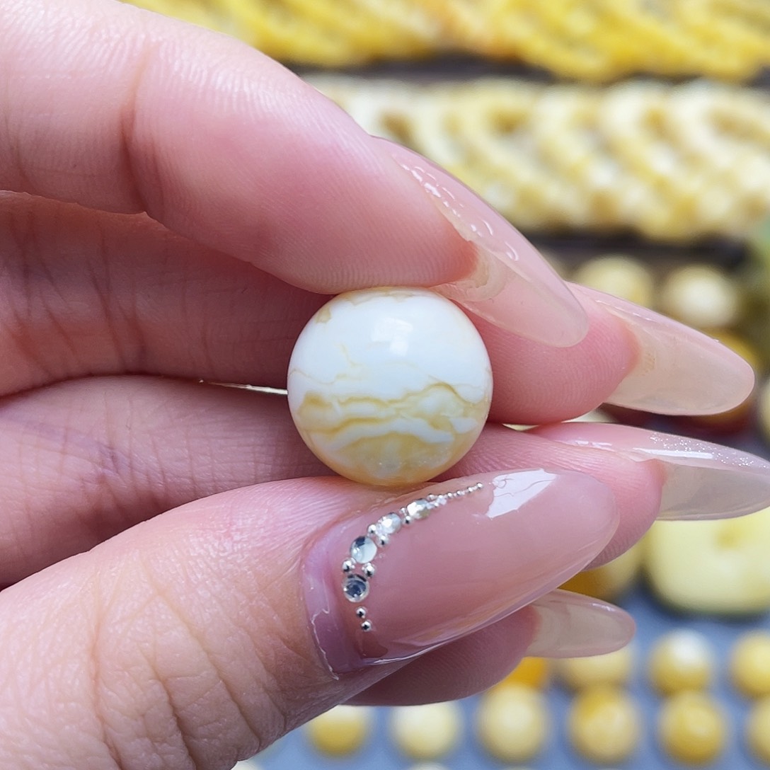 未镶嵌琥珀裸石蜜蜡高品瓷白虎皮圆珠14.1mm