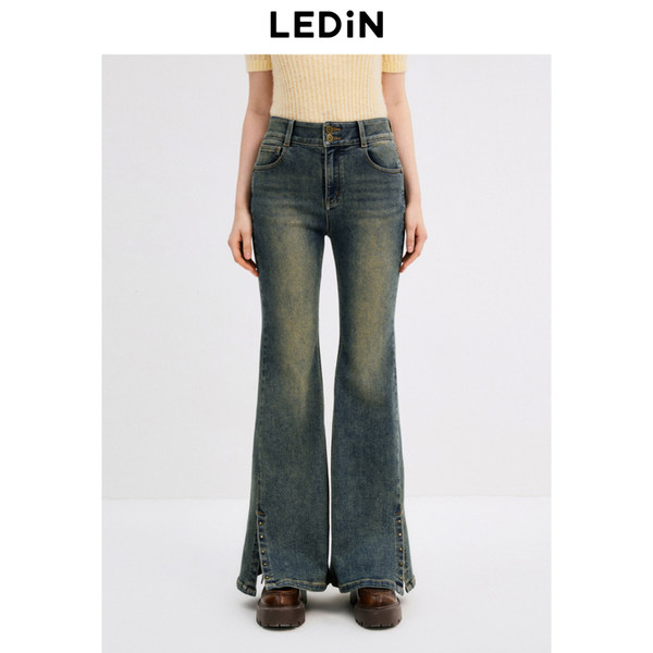 乐町开叉撞钉牛仔喇叭裤24新款秋季微喇裤韩系复古洗水裤子