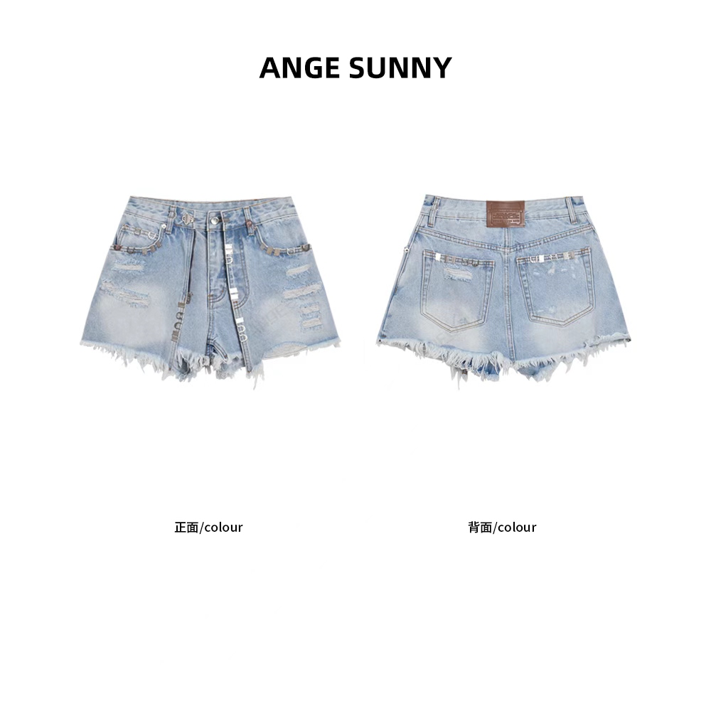 ANGE SUNNY【a*w金属牛仔短裤】双层破洞毛边金属装饰裙裤