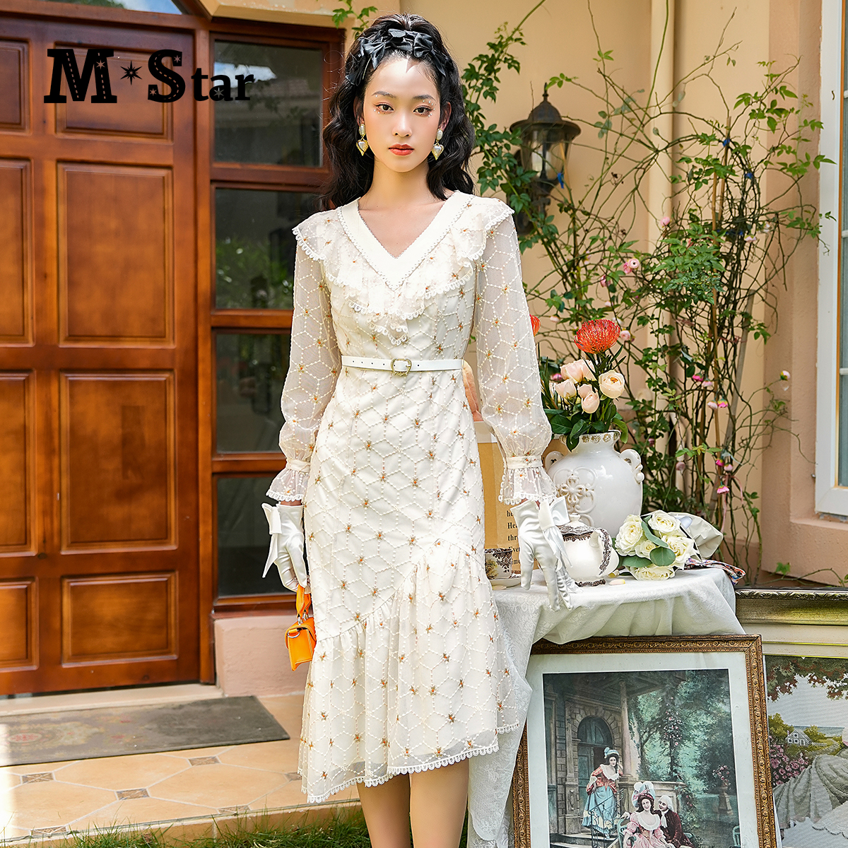 【高高甄选】M-StarV领法式气质长袖女装连衣裙SEEL112550