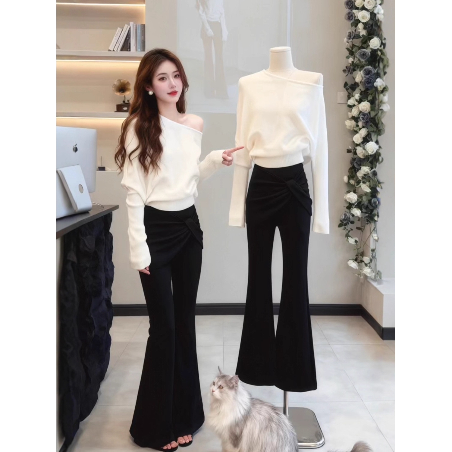 韩式高级感露肩长袖针织衫女2025秋冬白色毛衣斜肩上衣裤子套装