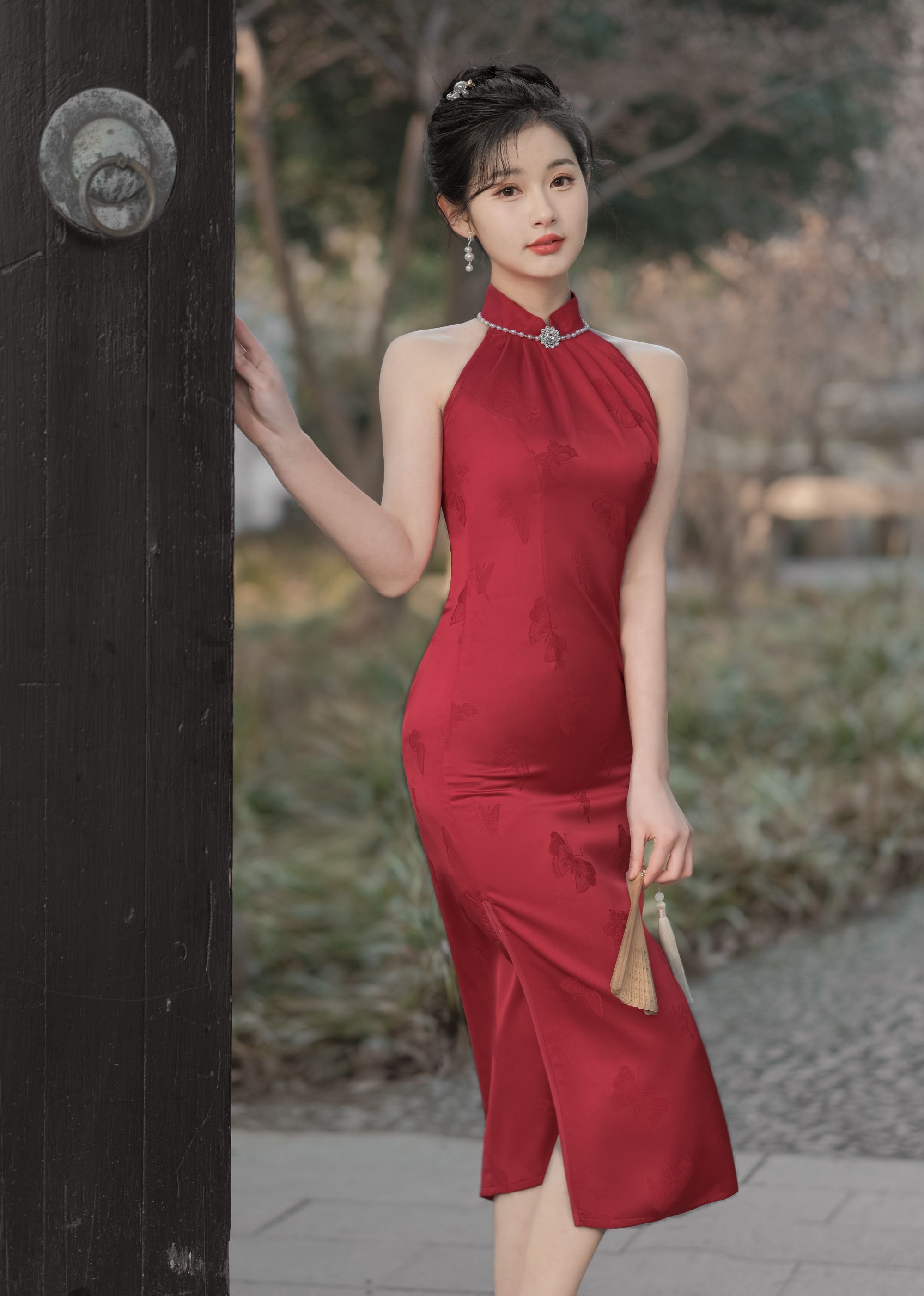 新款夏季提花中国风挂脖露肩长款旗袍红色