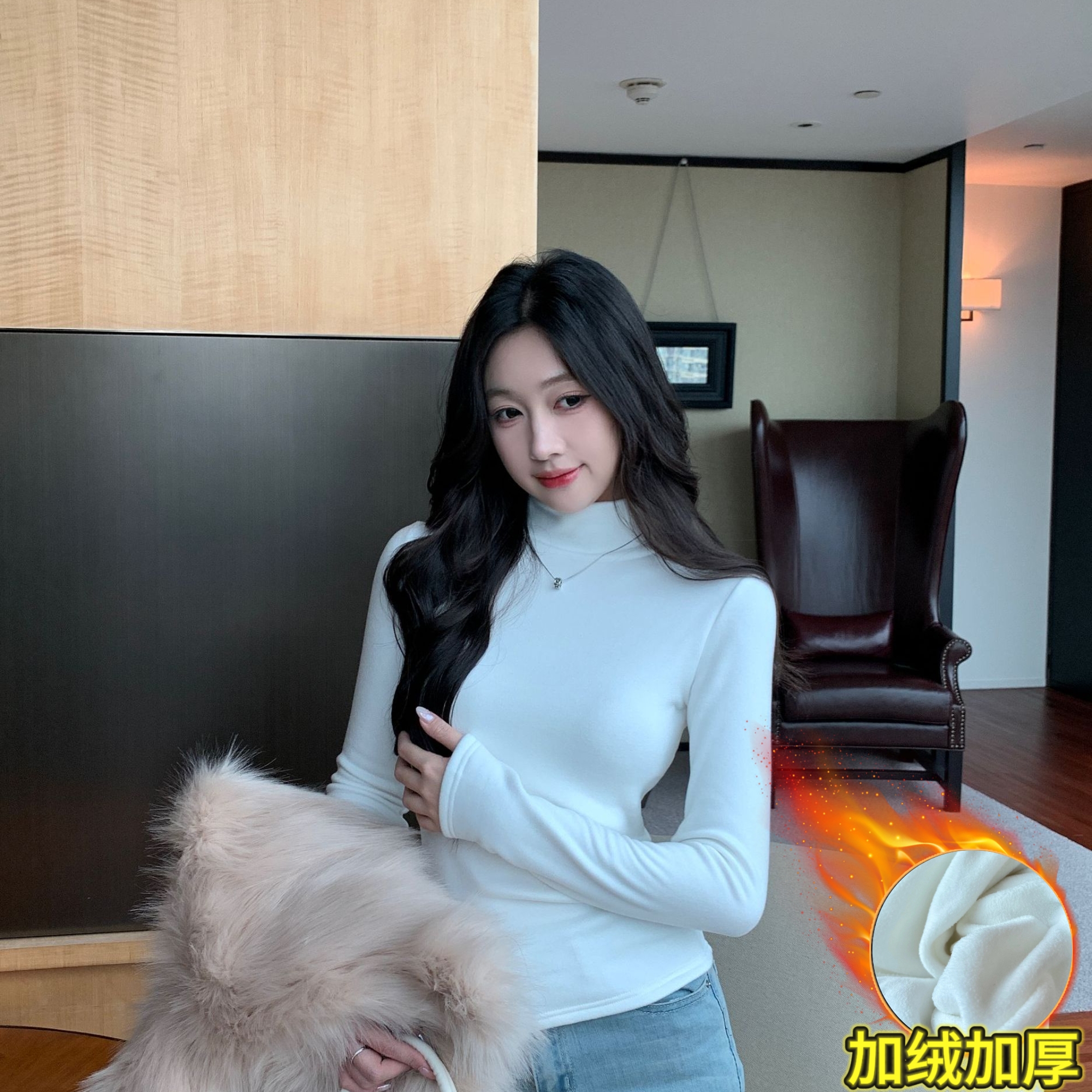 【现货+运费险】半高领加绒加厚摇粒绒设计收腰显瘦内搭打底衫上衣