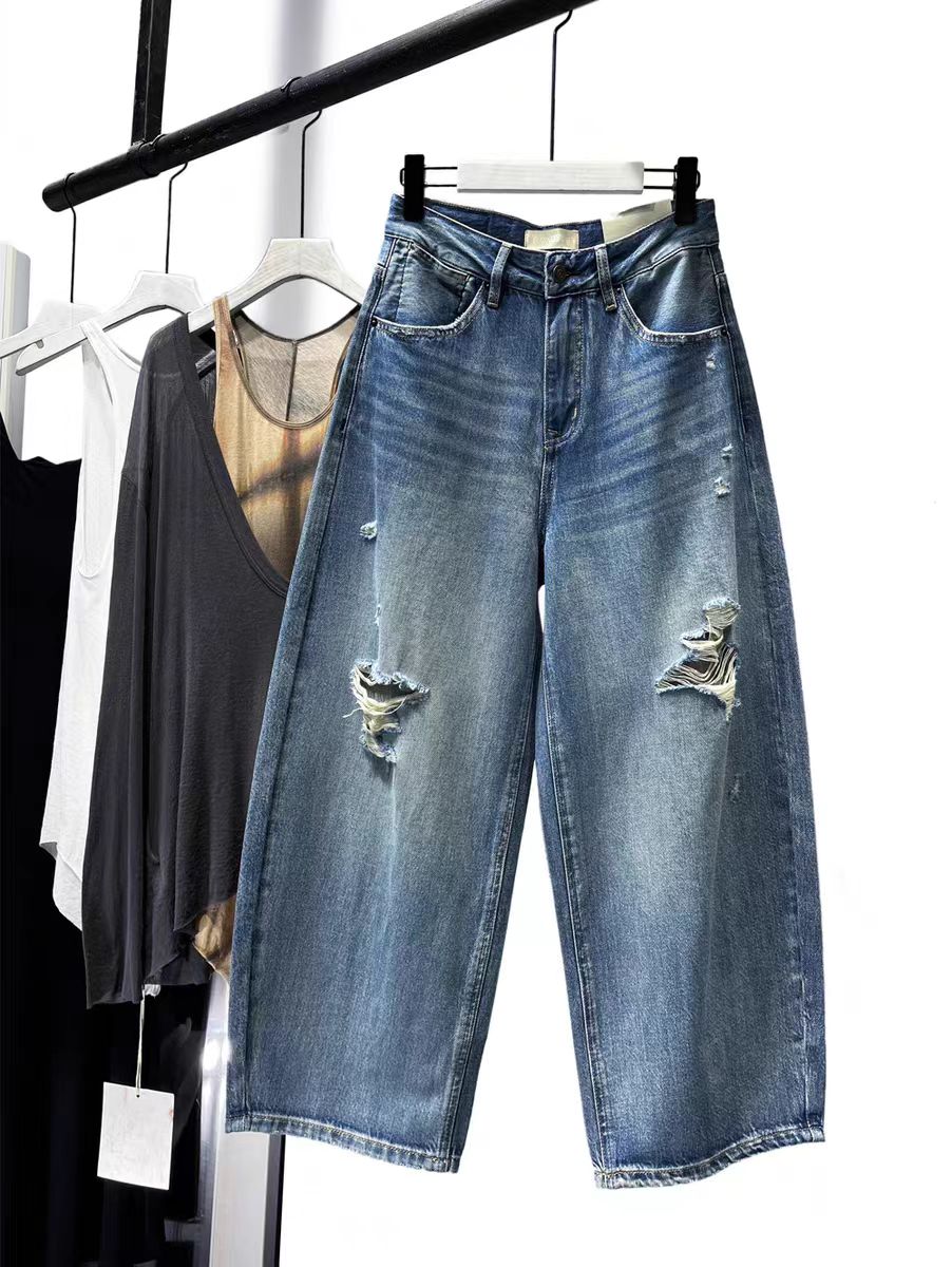 SU【177】花87 愫燕 薄款八分弯刀裤显瘦磨破洞牛仔气球裤老爹裤女~