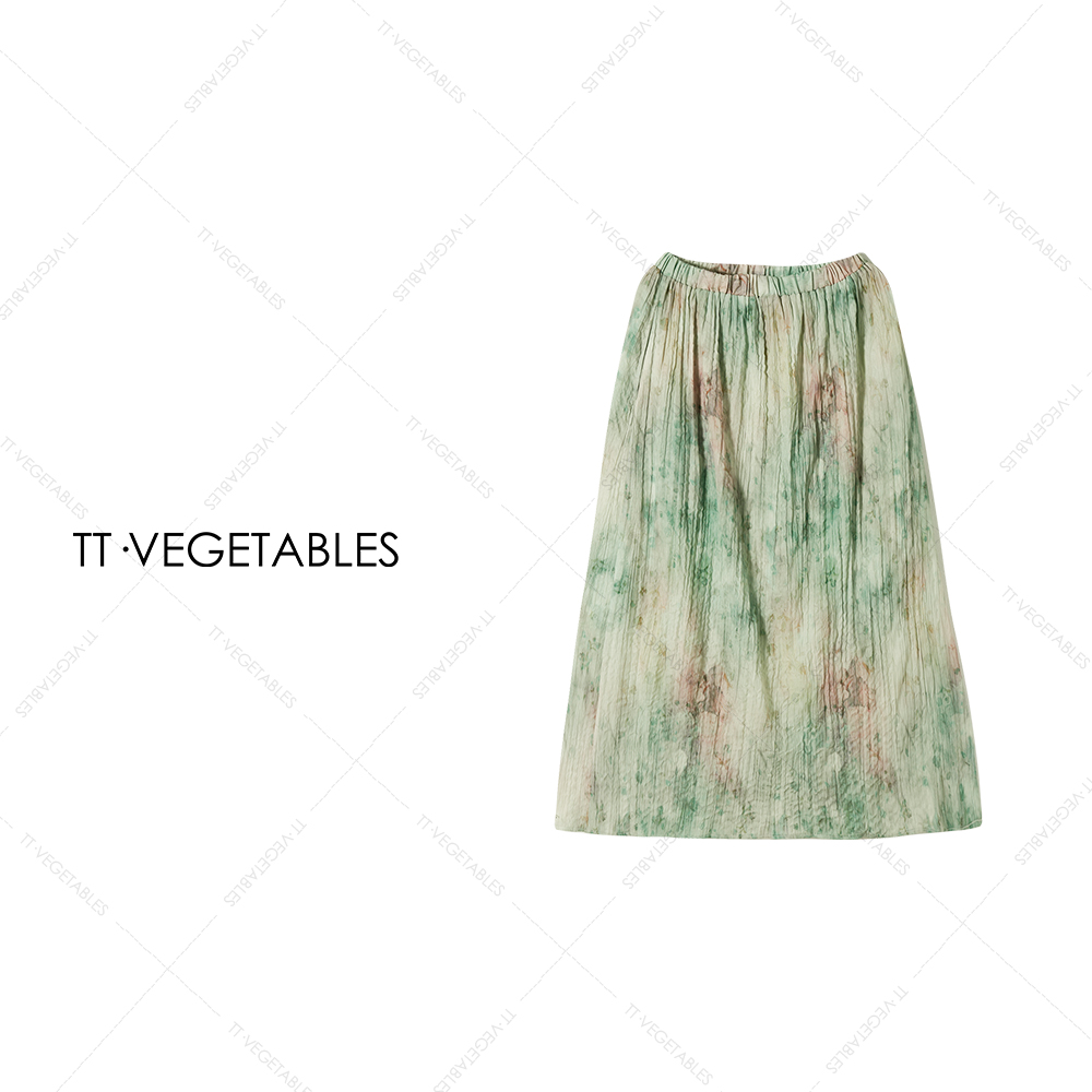 TT・VEGETABLES【序白】华光 雪纺锻棉小竹叶花型百搭半身裙女518921