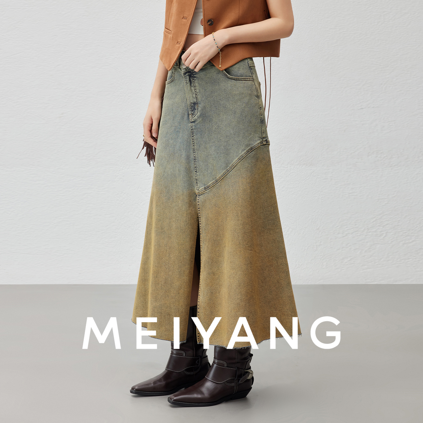 A美洋MEIYANG【商场同款】脏脏牛仔半裙 重工泥染斜襟中长裙-周四