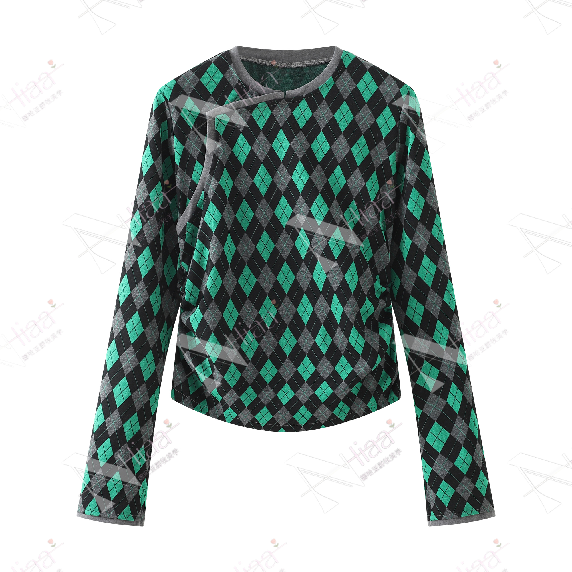 游牧风复古设计师绿色气质菱格子秋冬ins打底衫显瘦长袖