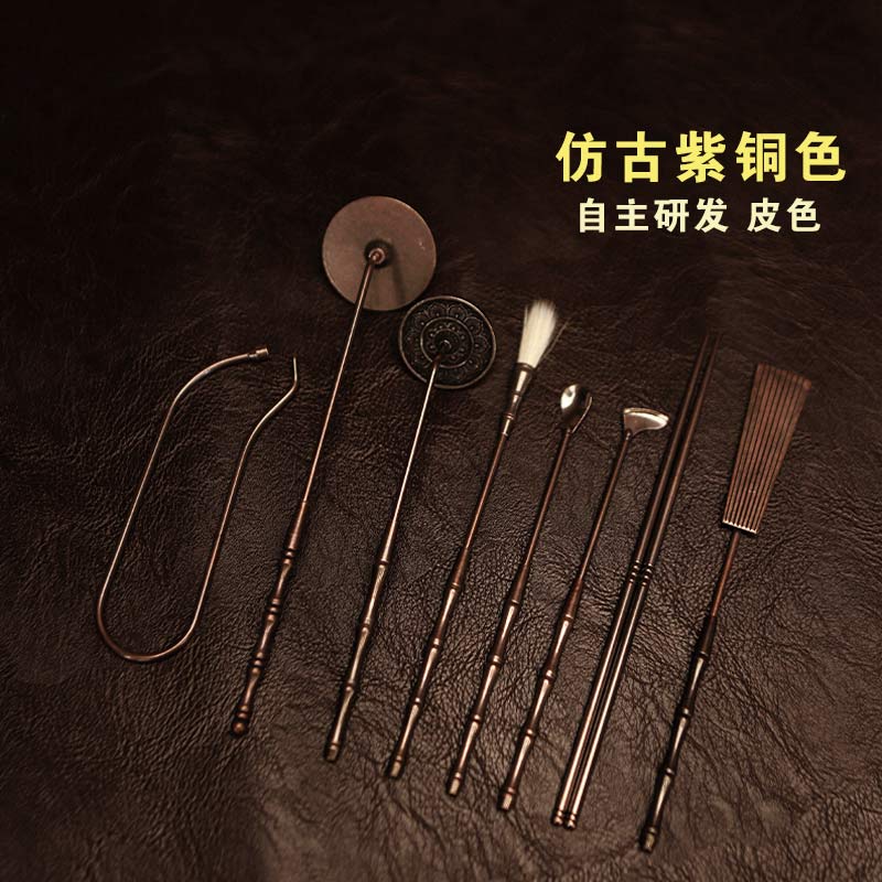 仿古苏工紫铜色灰压灰扫打香篆用具入门香勺香铲香筷侧压银叶夹