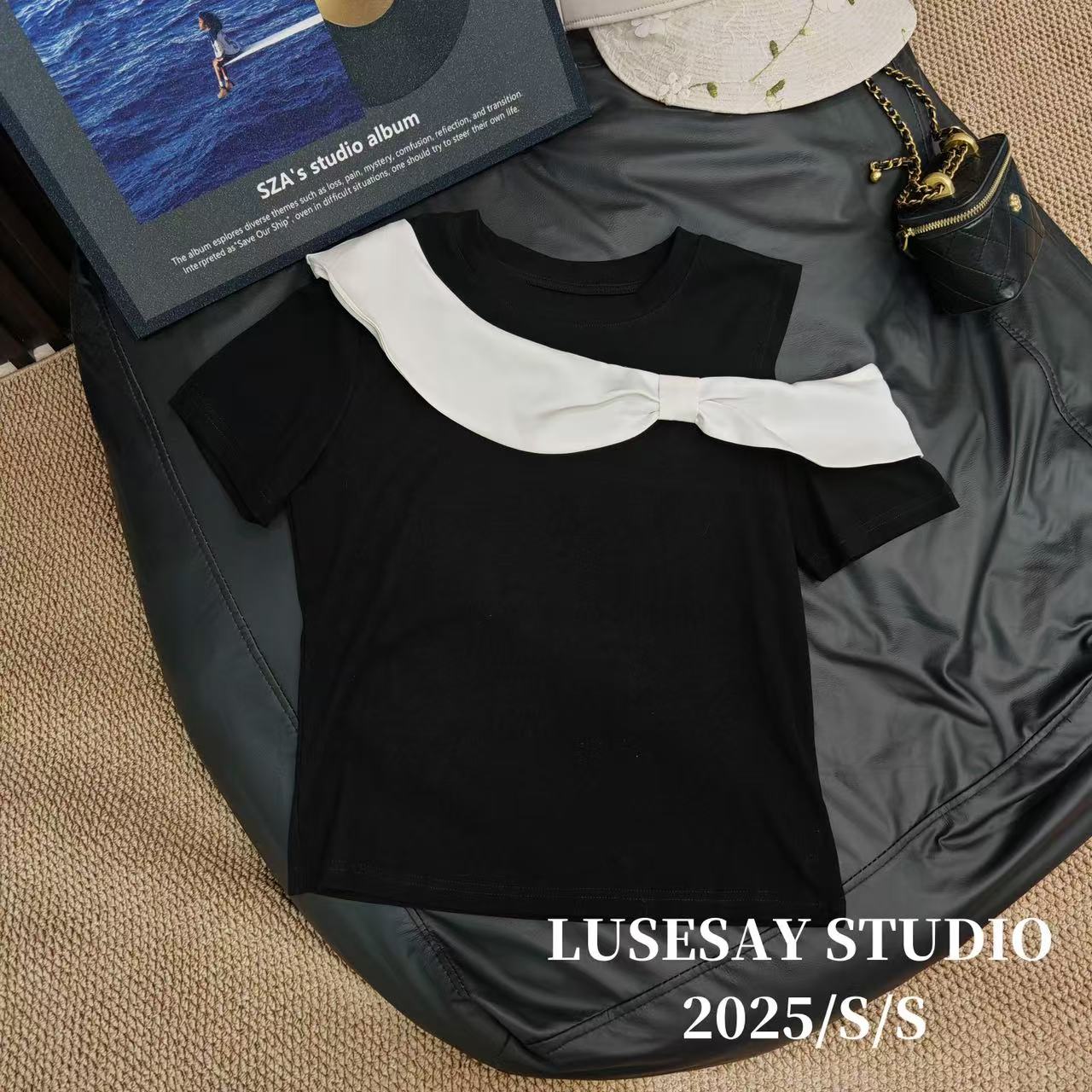 LUSESAY 露肩拼接设计感 夏季2025新款短袖t恤女百搭显瘦上衣