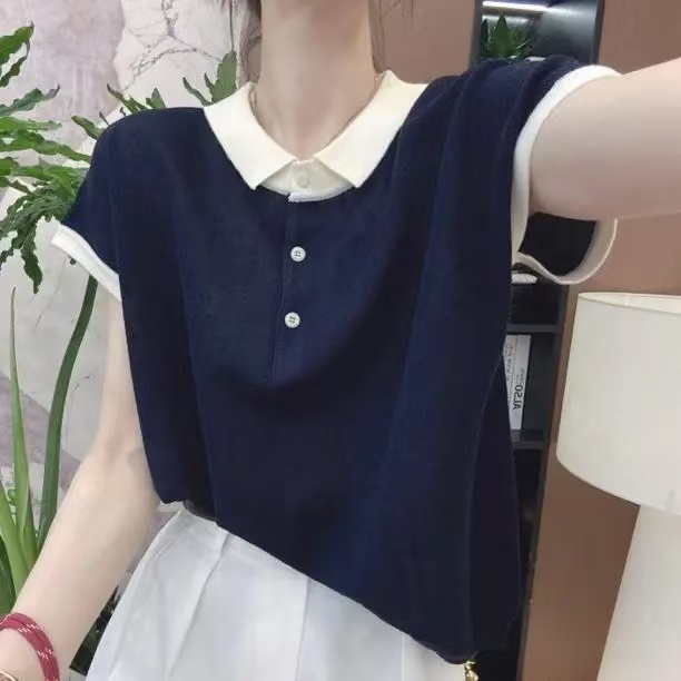 422【藏青雪花纹飞飞袖】高级气质假两件针织女衫洋气新款上衣爆款