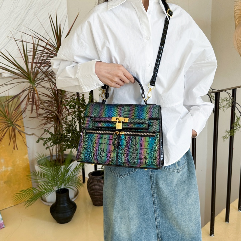 秋冬爆款鳄鱼纹亮彩铂金包时尚百搭单肩包轻奢复古手提斜挎包