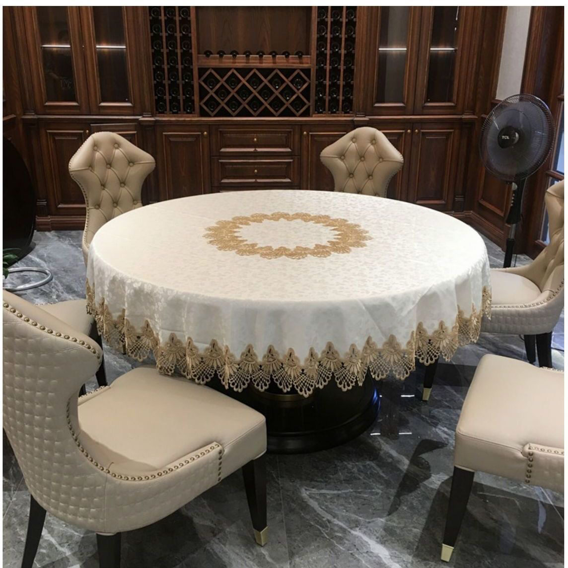 大圆桌家用蕾丝布艺圆形餐桌桌布台布可洗不变形布艺桌布盖巾