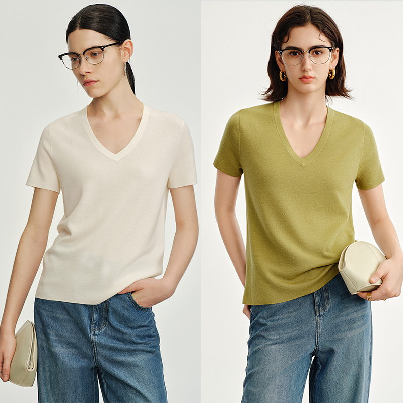 COKEYA/镇店精纯~重磅60支及细精纺羊毛及简直身V领短袖针织上衣