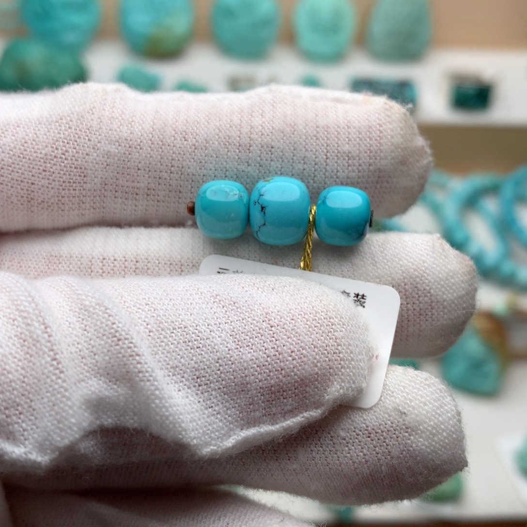 绿松石未镶嵌珠宝奇石高瓷蓝水草纹老型套装8.5mm-7.3mm