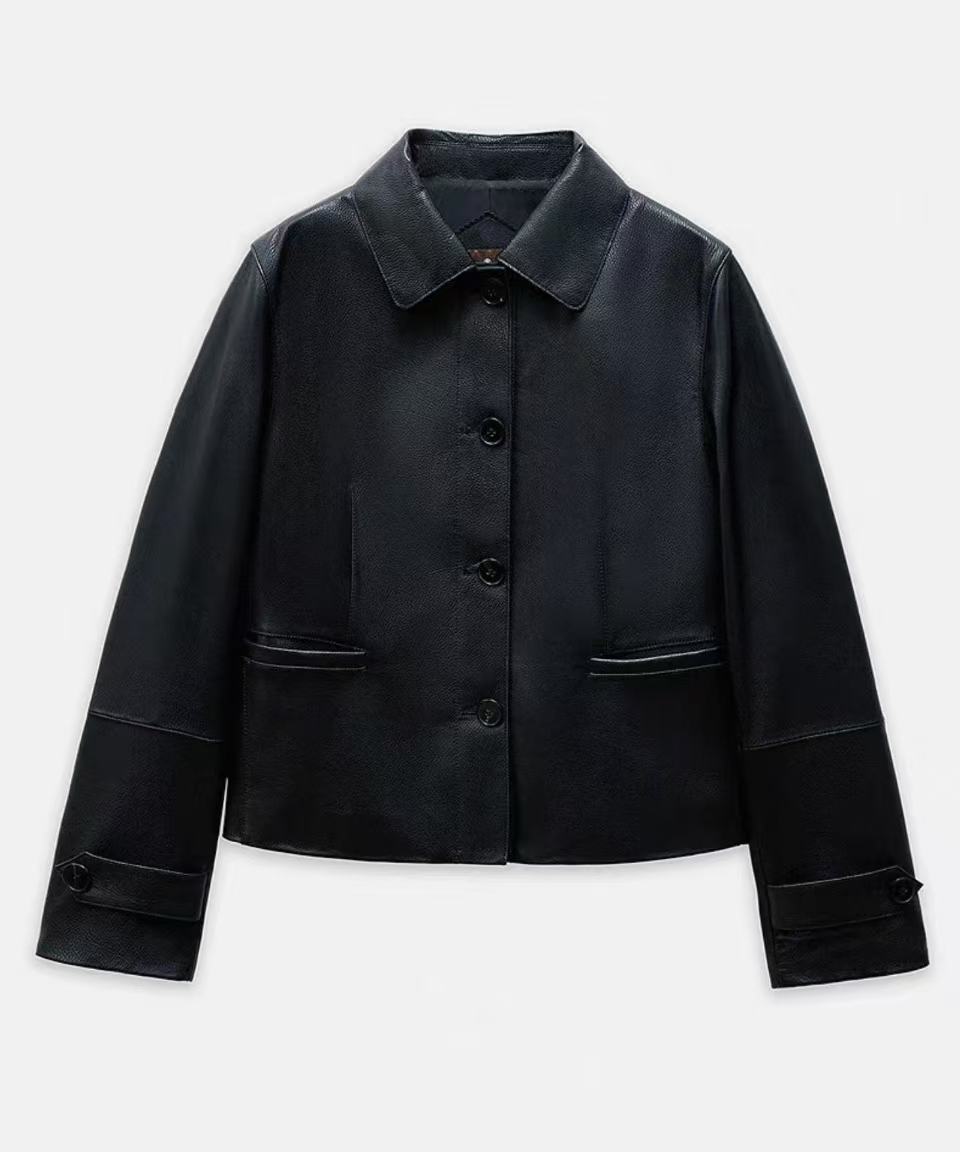新款青春百搭方领头层牛皮外套女士真皮皮衣黑色时尚气质大方