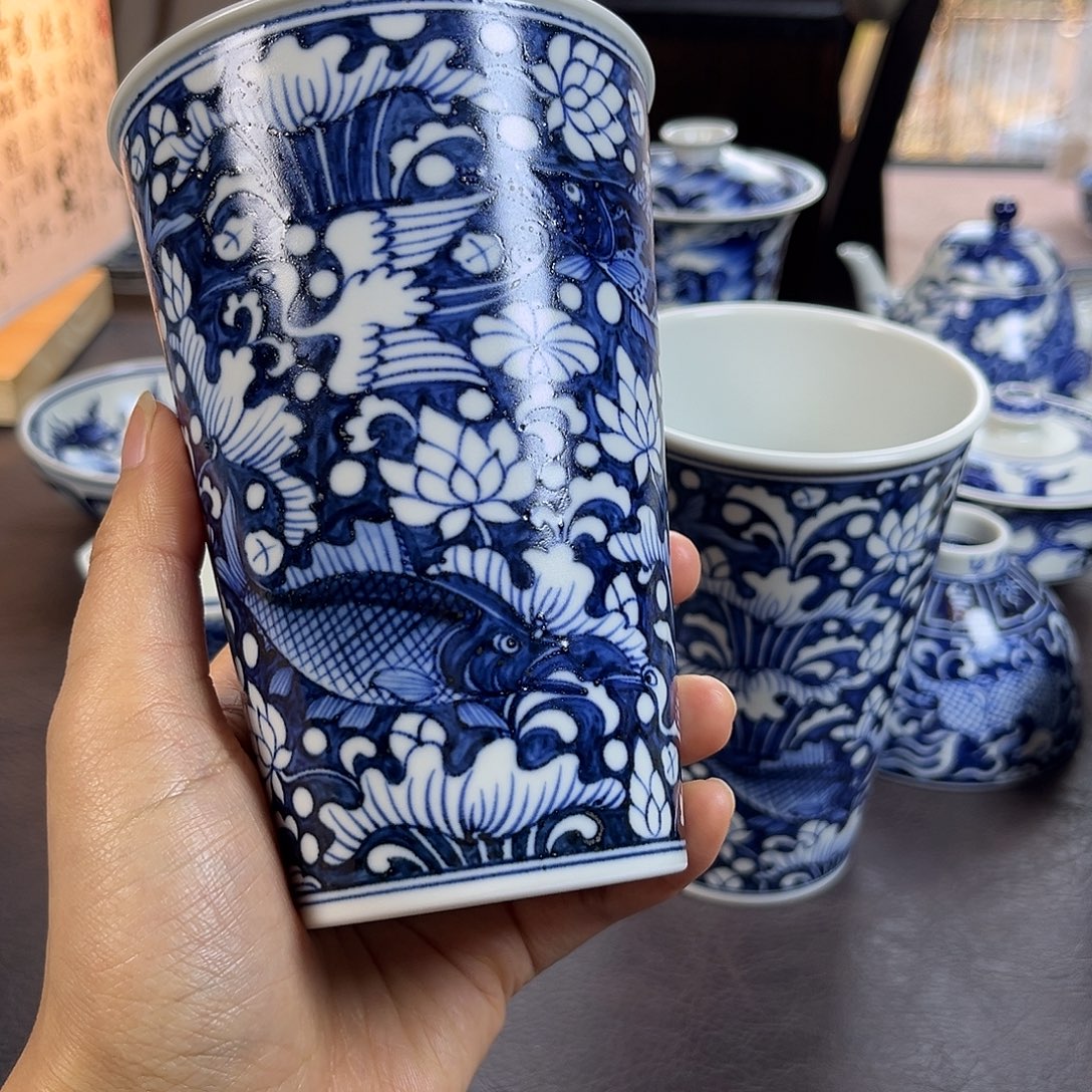 我***字朝岚夕霞仿至正元青花原矿釉烧制全手绘主人杯