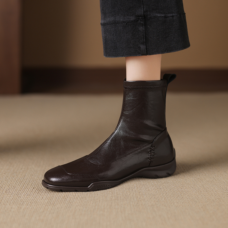 牛皮/跟高4.5cm/2025新款秋季真皮中跟短靴女单靴软面舒适瘦瘦靴