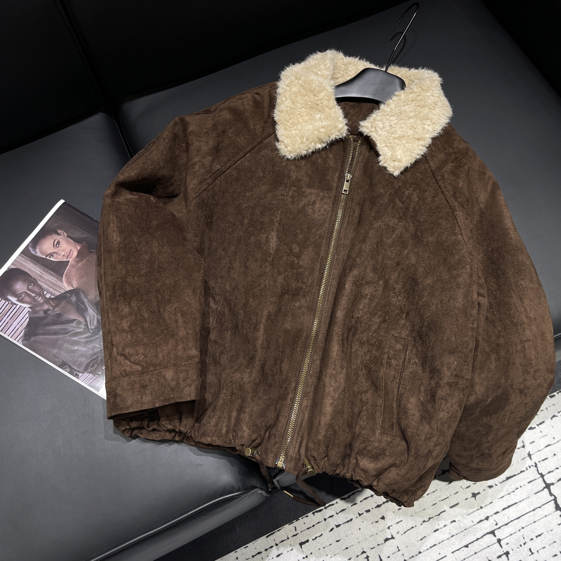 KW【摩卡慕斯】南油新款秋冬翻领羊羔毛拼接皮毛一体夹棉短款外套