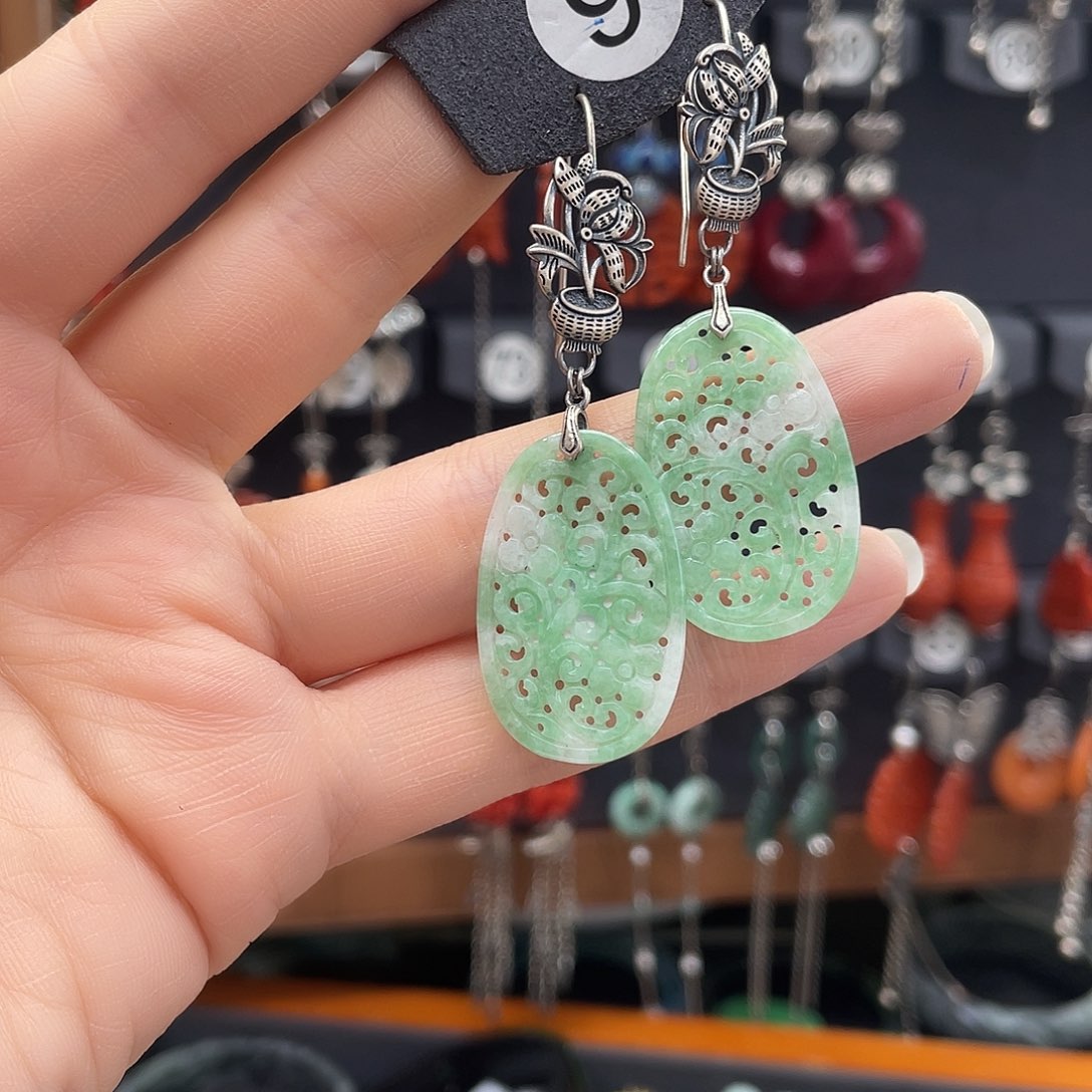 翡翠耳饰银S925镶嵌莲*cghggggg