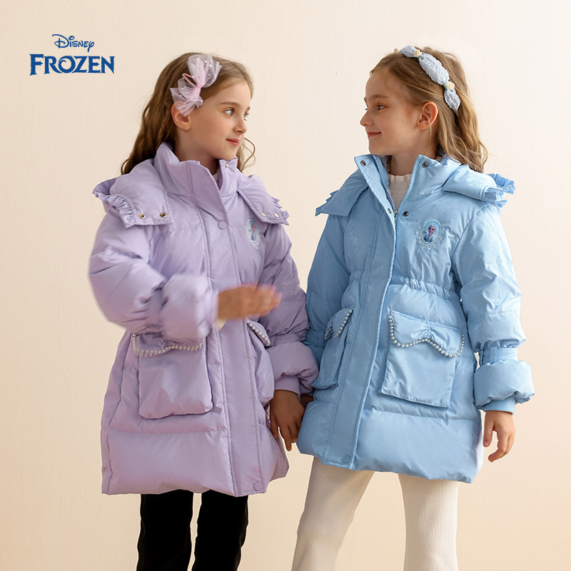 Disney/迪士尼冰雪奇缘女童童装冬季中长款白鸭绒连帽儿童羽绒服