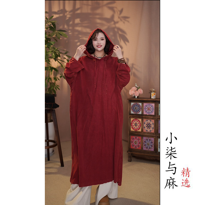 【小柒与麻】新款复古风连帽收绳裙袍（衣长110-116胸围140）红色