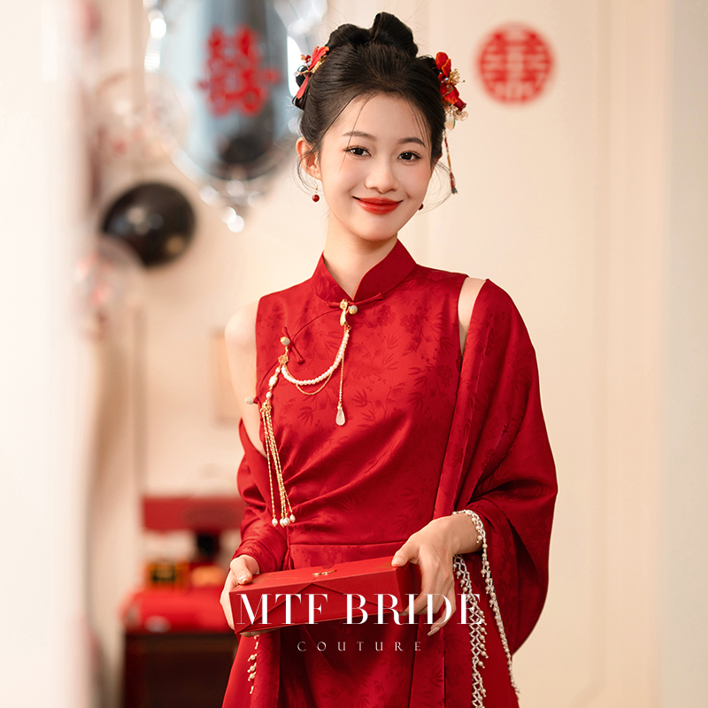 满庭芳【暗香】新中式女装红色暗纹旗袍新娘气质敬酒服订婚回门服