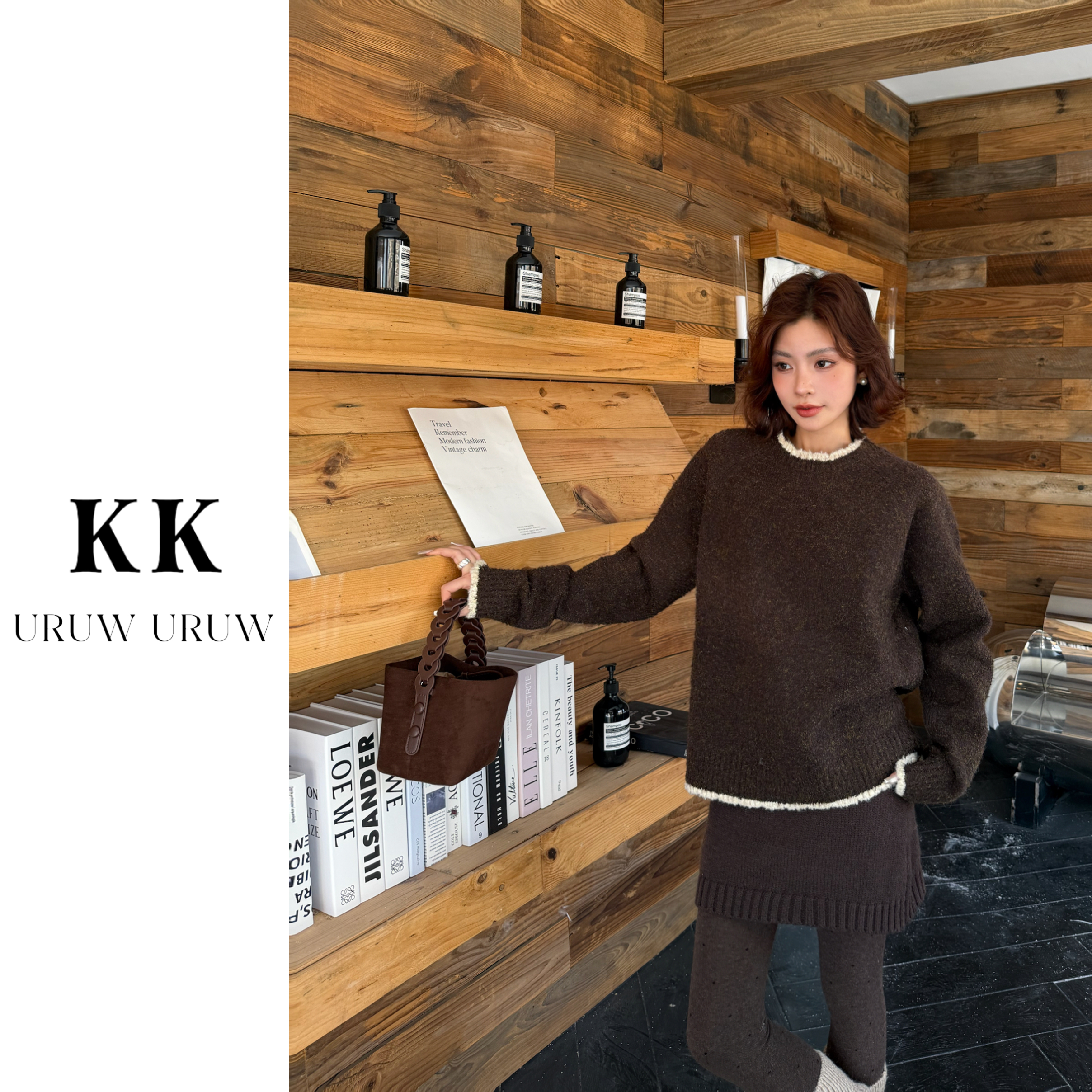 柯柯【燕麦可可】高级感简约圆领撞色白边宽松套头针织毛衣KN456