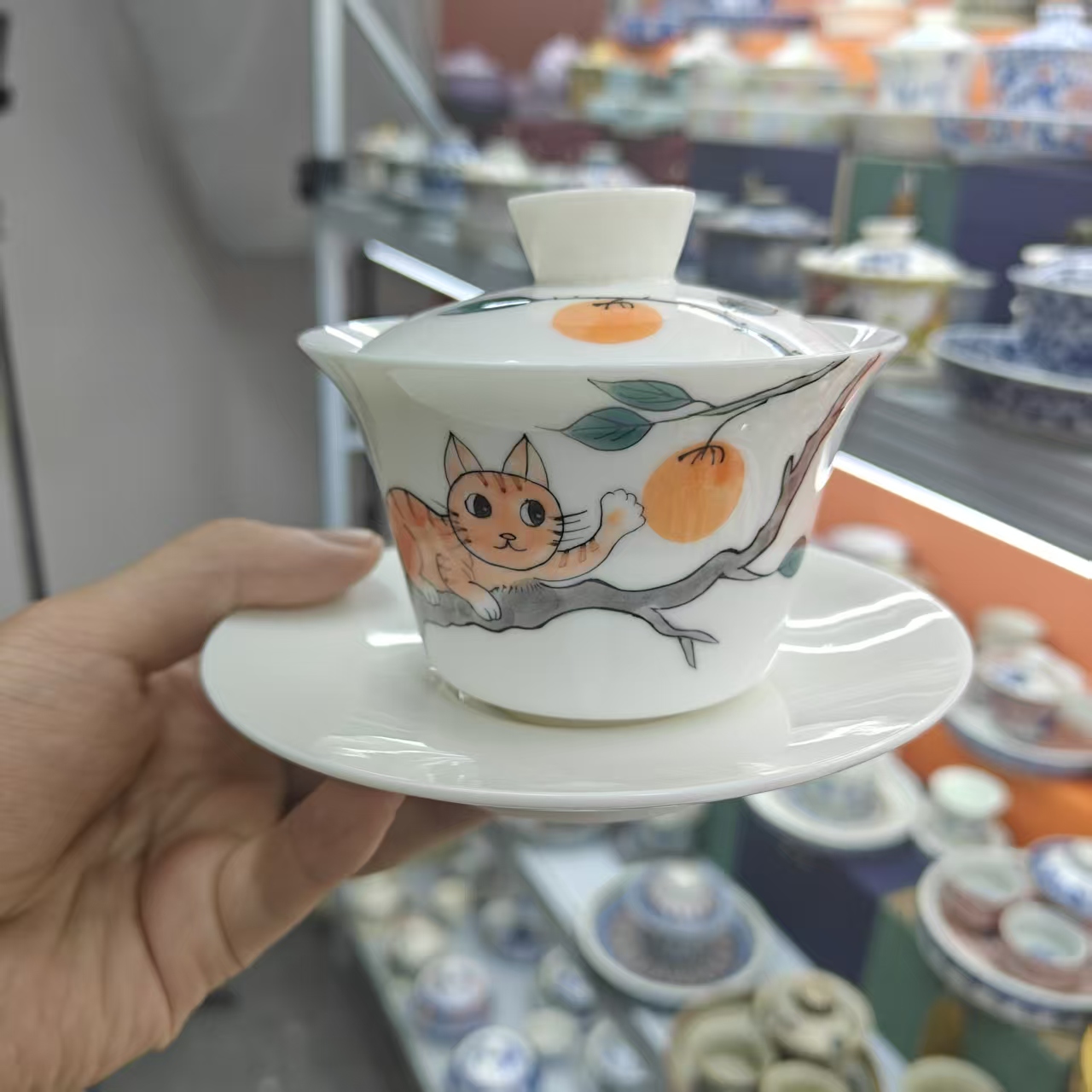 釉下彩手绘小萌猫悬停旋转三才盖碗功夫茶具家用泡茶碗0921