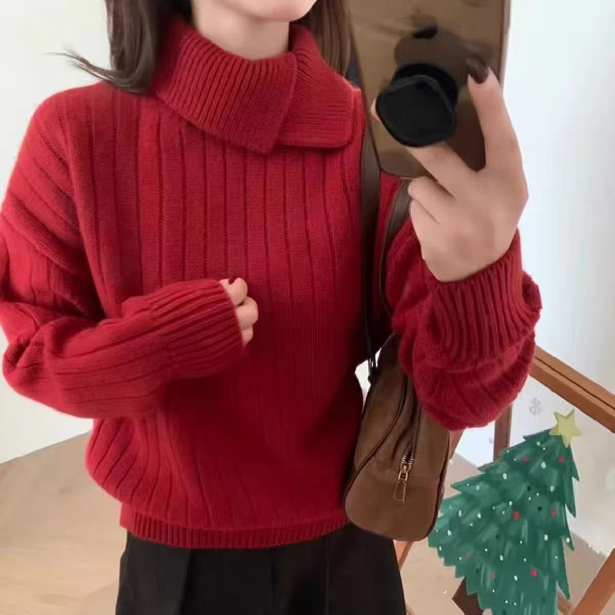 坑条叠领羊毛衫常规袖针织衫厚款女纯色衫百搭网红洋气女士打底衫