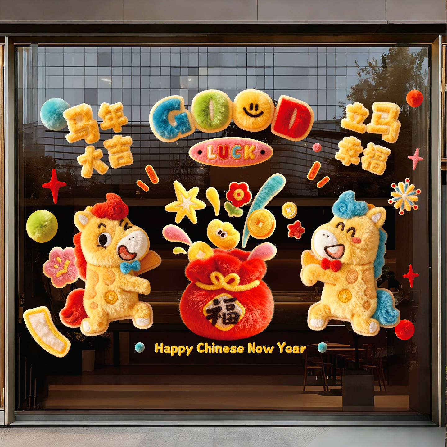 新年静电贴2026新款马年窗花过年生肖福字春节彩色玻璃窗贴纸装饰