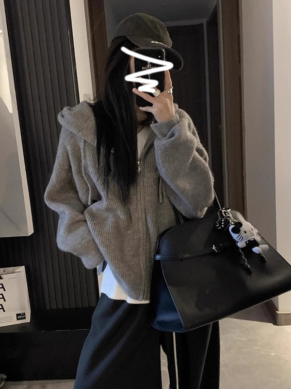 灰色拉连帽链针织开衫女2025新款秋冬高级感气质毛衣外套宽松上