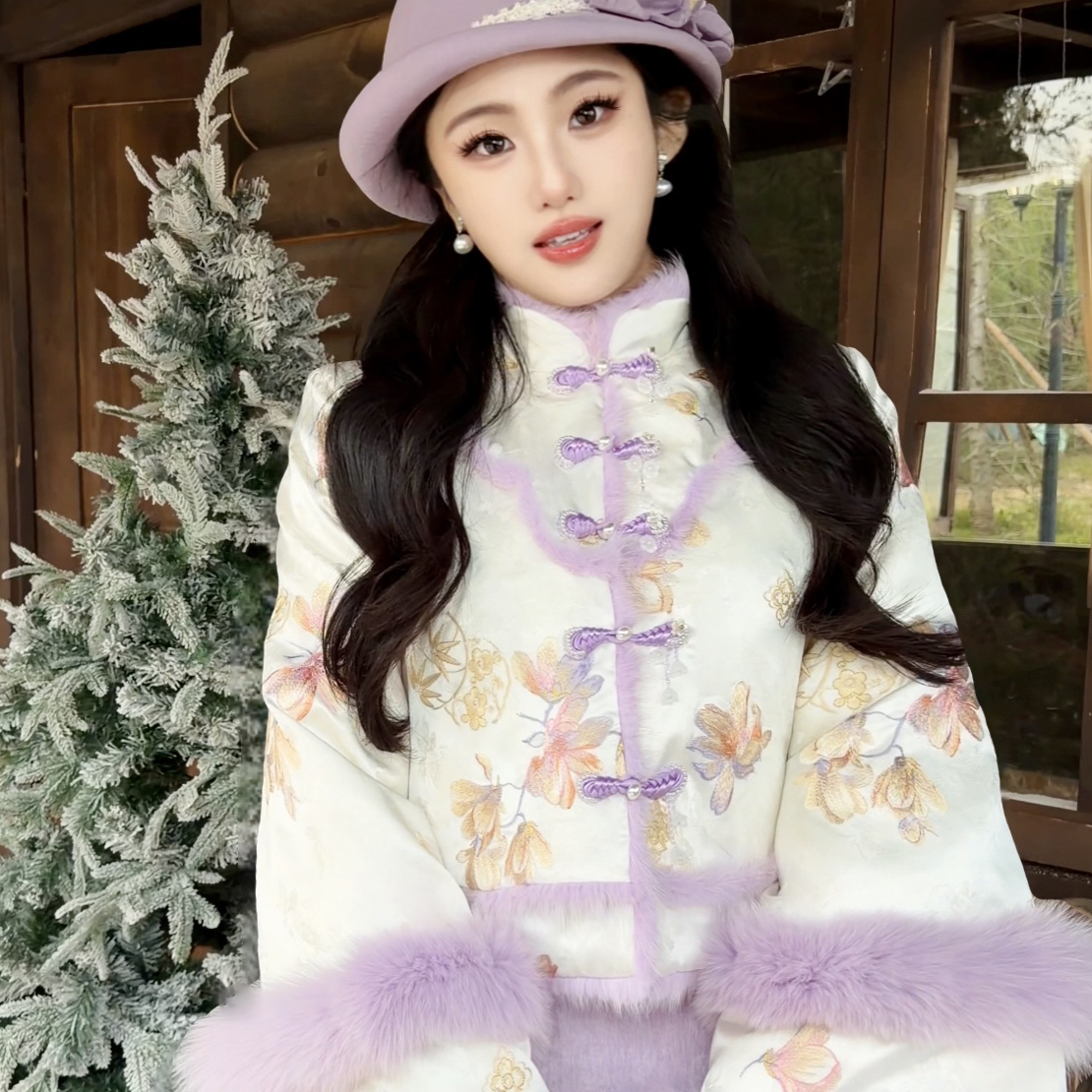 【媛珠 紫仙郁】重工国风醋酸紫色狐狸毛领刺绣鹅绒服外套拜年服