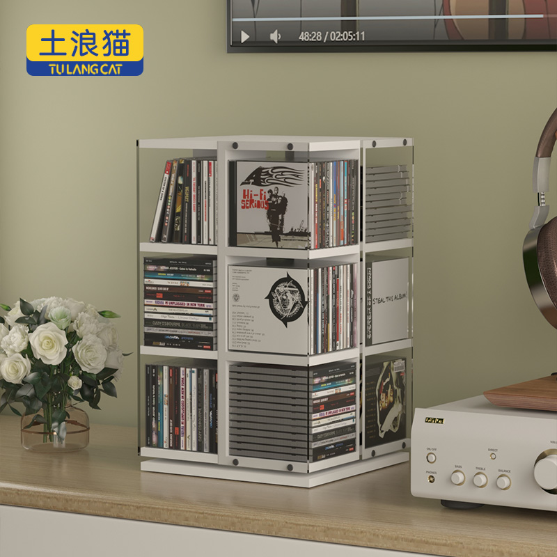 旋转CD架书架储物亚克力置物架透明收纳盒防尘设计轻奢简易书架