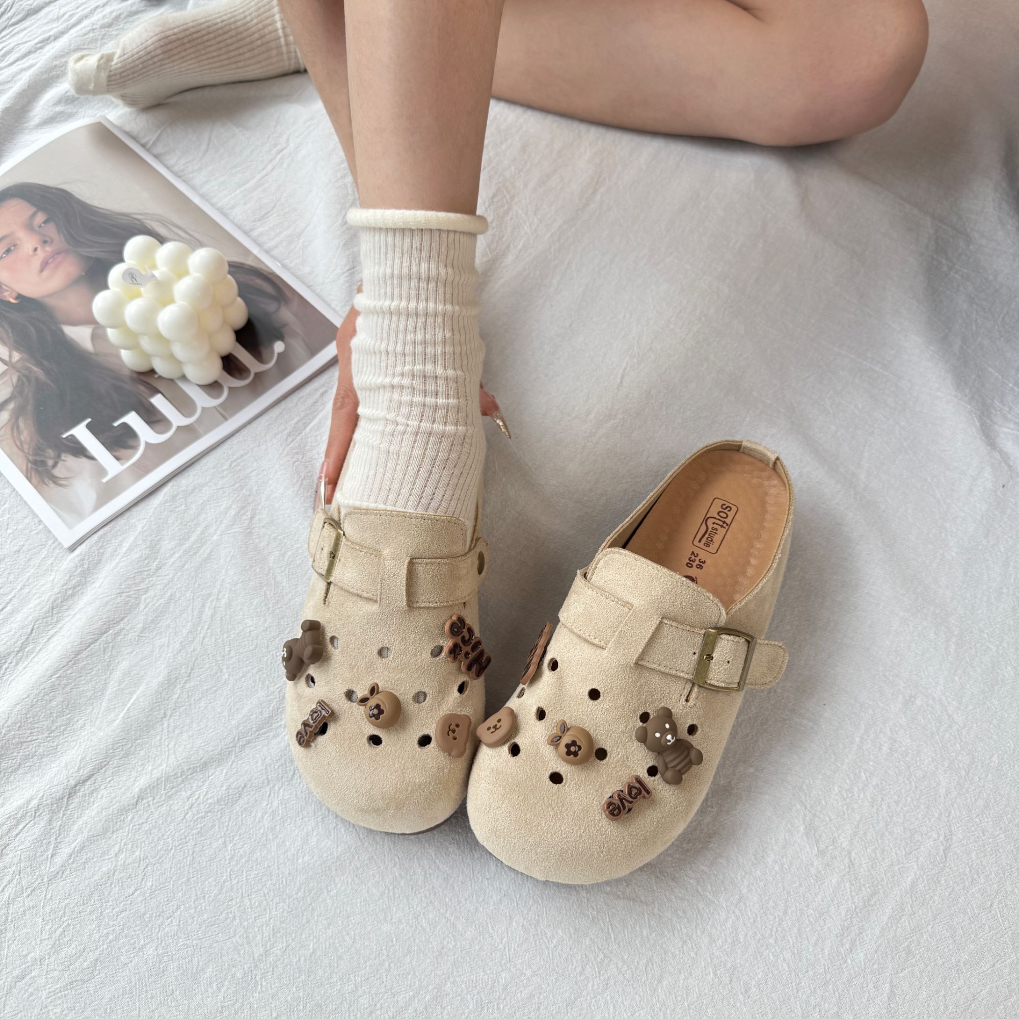 【4公分】踩屎感包头ins防滑厚底勃肯鞋软底卡通风镂空透气半拖鞋